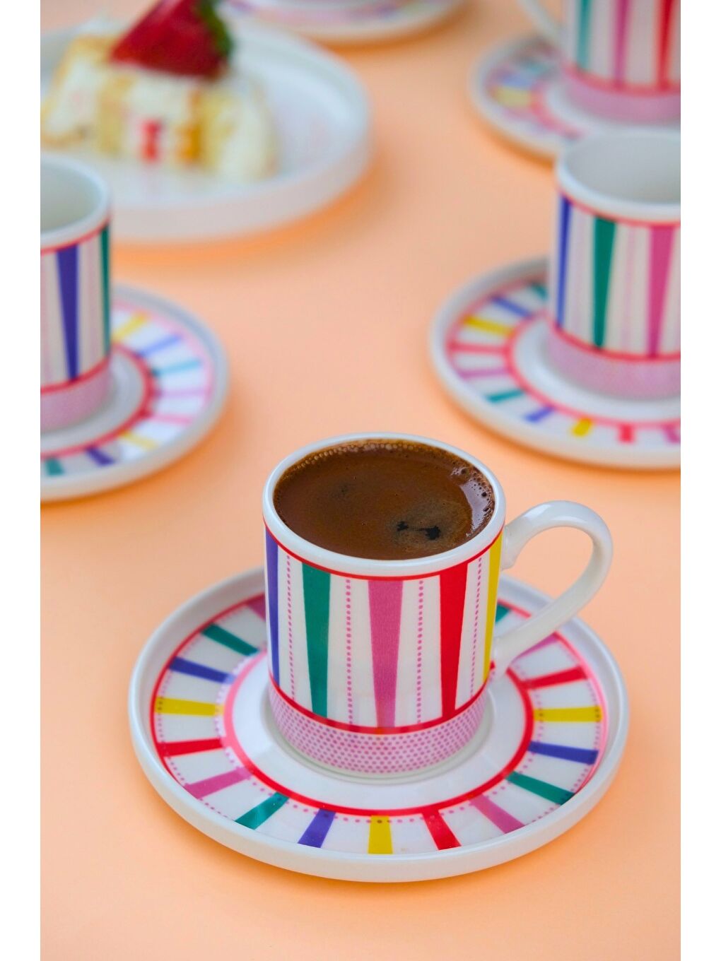 Beyaz Porselen Color Stripe Kahve Fincan Takımı 90cc 6 Kişilik 12 Parça-5