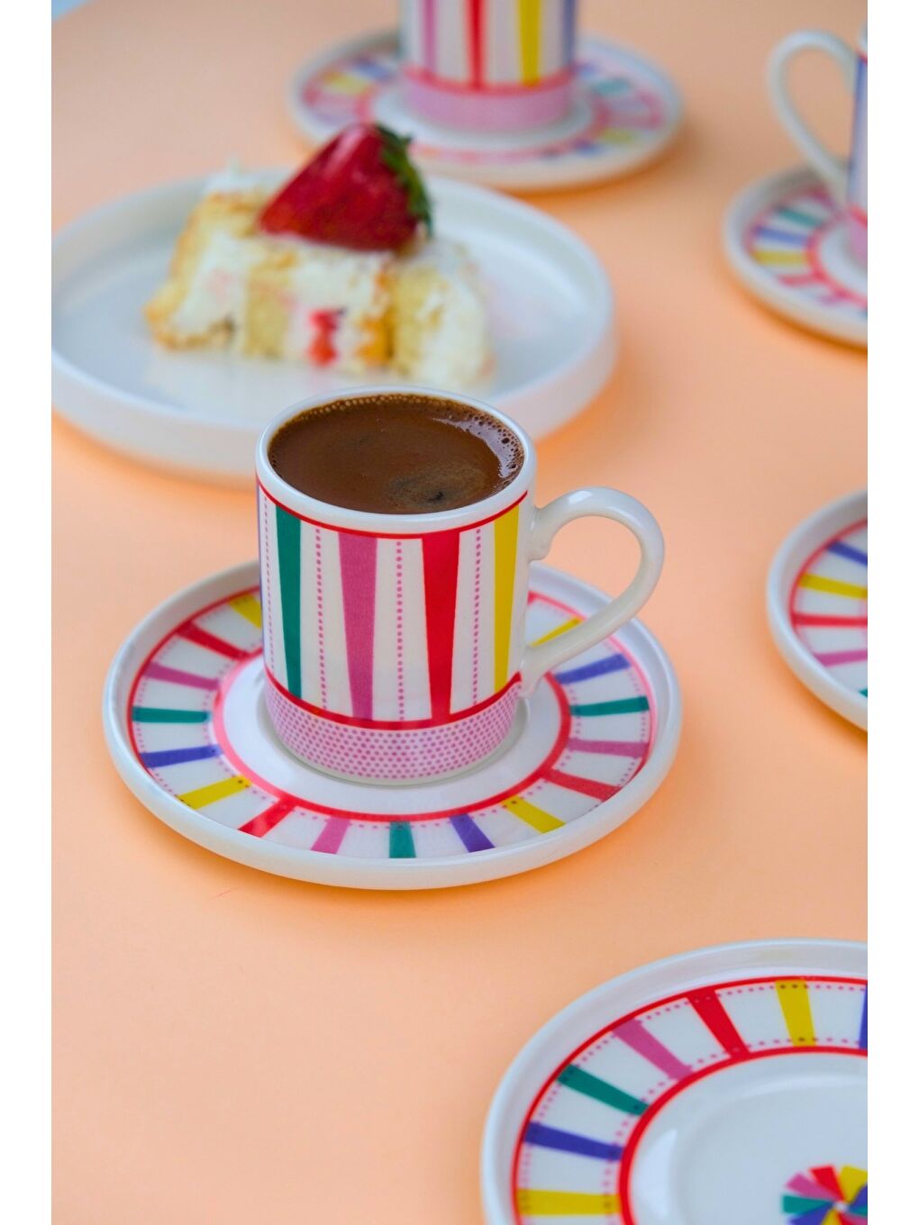 Beyaz Porselen Color Stripe Kahve Fincan Takımı 90cc 6 Kişilik 12 Parça-6