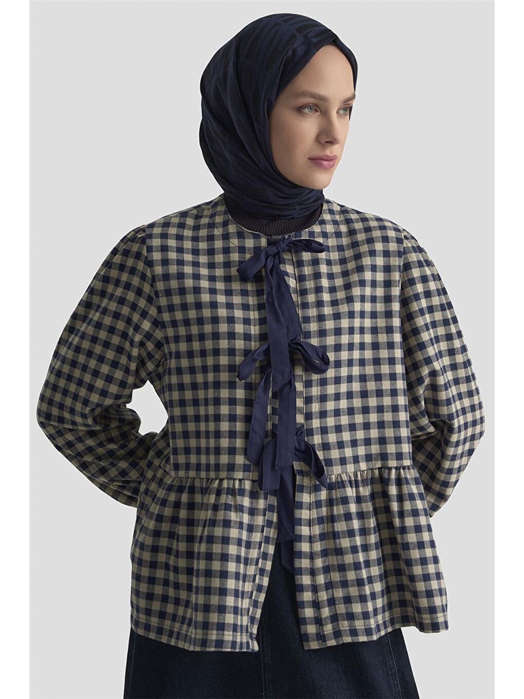Bağlamalı Karpuz Kol Ekose Tunik 25Km1025 Lacivert-3