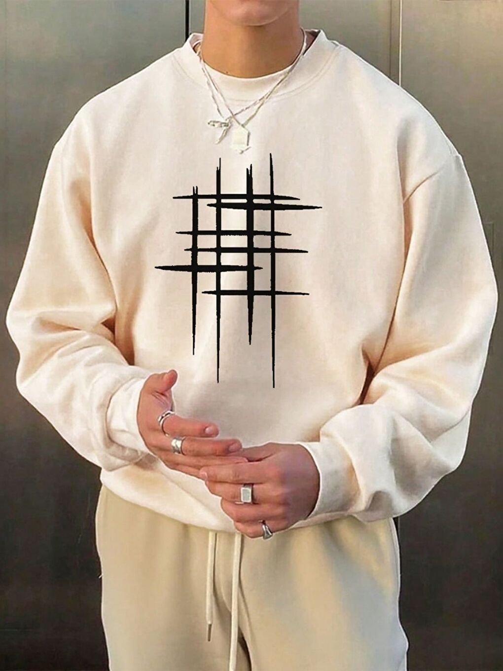 Erkek Bej Lines Baskılı Oversize Bisiklet Yaka Uzun Kollu Sweatshirt-1