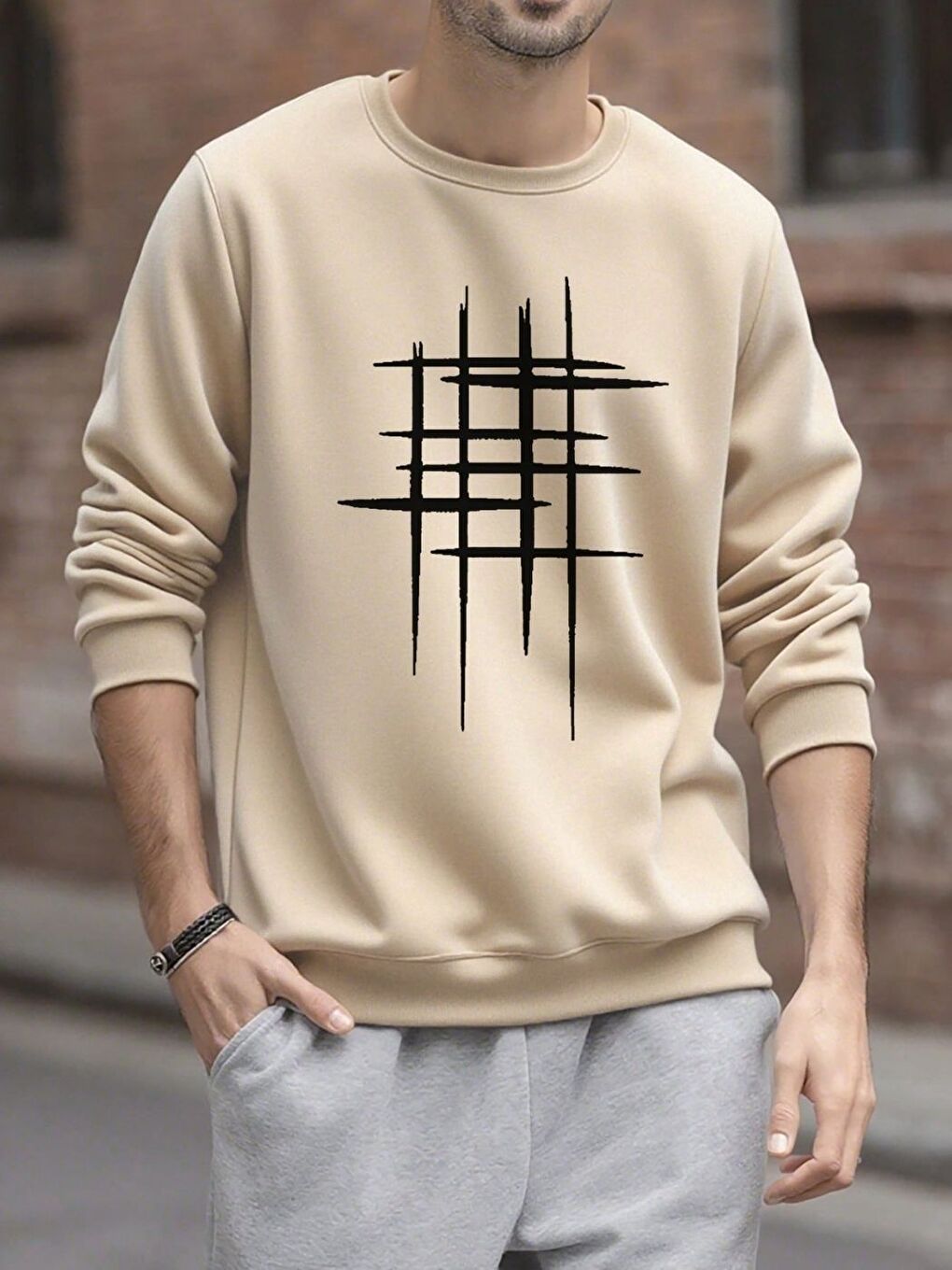 Erkek Bej Lines Baskılı Oversize Bisiklet Yaka Uzun Kollu Sweatshirt-2