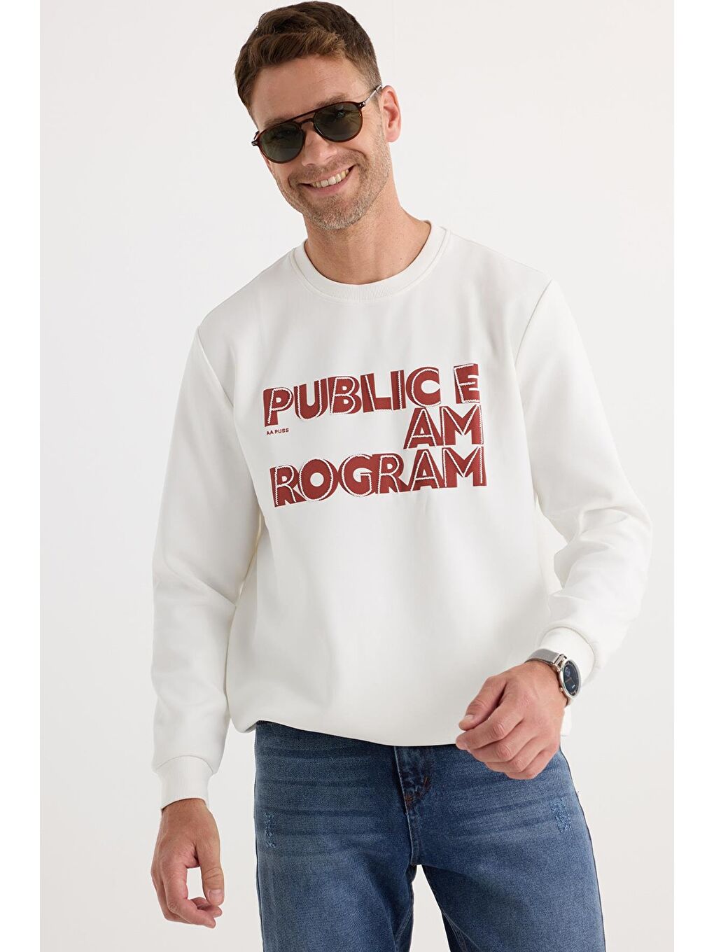 Unisex Oversize Geniş Kesim Pamuklu Yumuşak Dokulu İçi Polarlı Baskılı Beyaz Sweatshirt-3