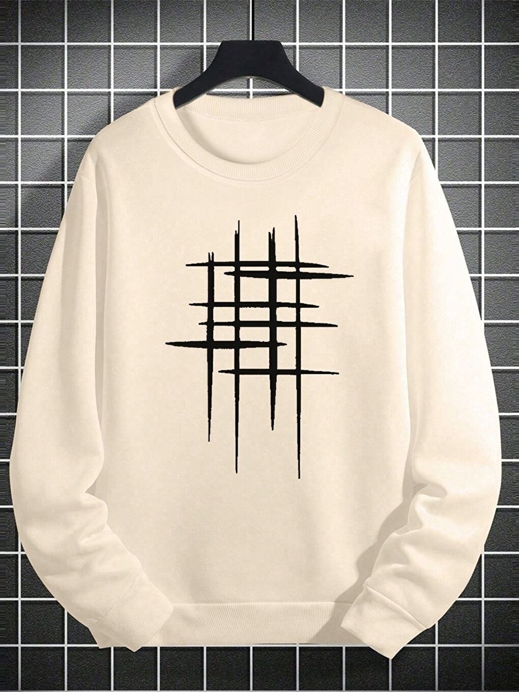 Erkek Bej Lines Baskılı Oversize Bisiklet Yaka Uzun Kollu Sweatshirt-3