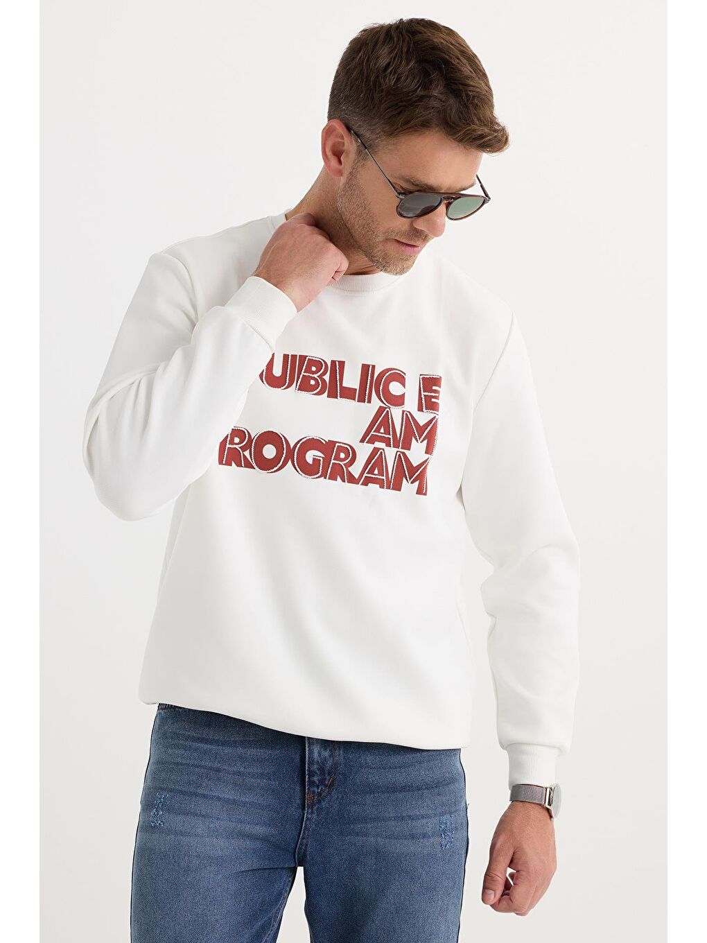 Unisex Oversize Geniş Kesim Pamuklu Yumuşak Dokulu İçi Polarlı Baskılı Beyaz Sweatshirt-4