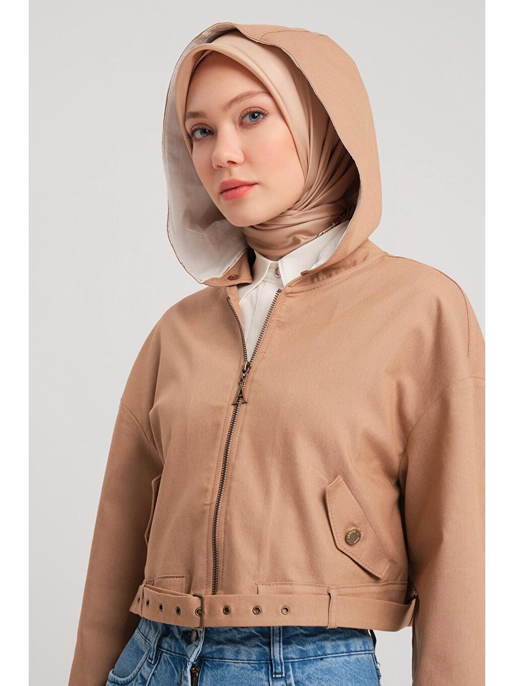 Kahverengi Seyyar Kapüşonlu Ve Kemerli Pamuk Ceket 24Y5406 Camel-3