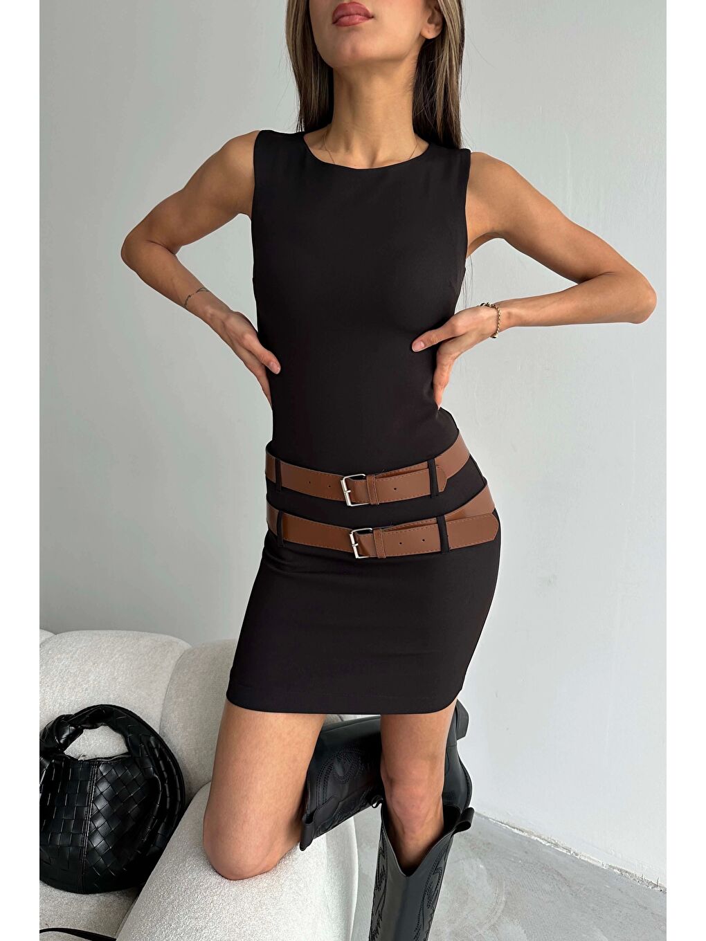 Kadın Siyah Çift Kemerli Elbise 1007-242401-2