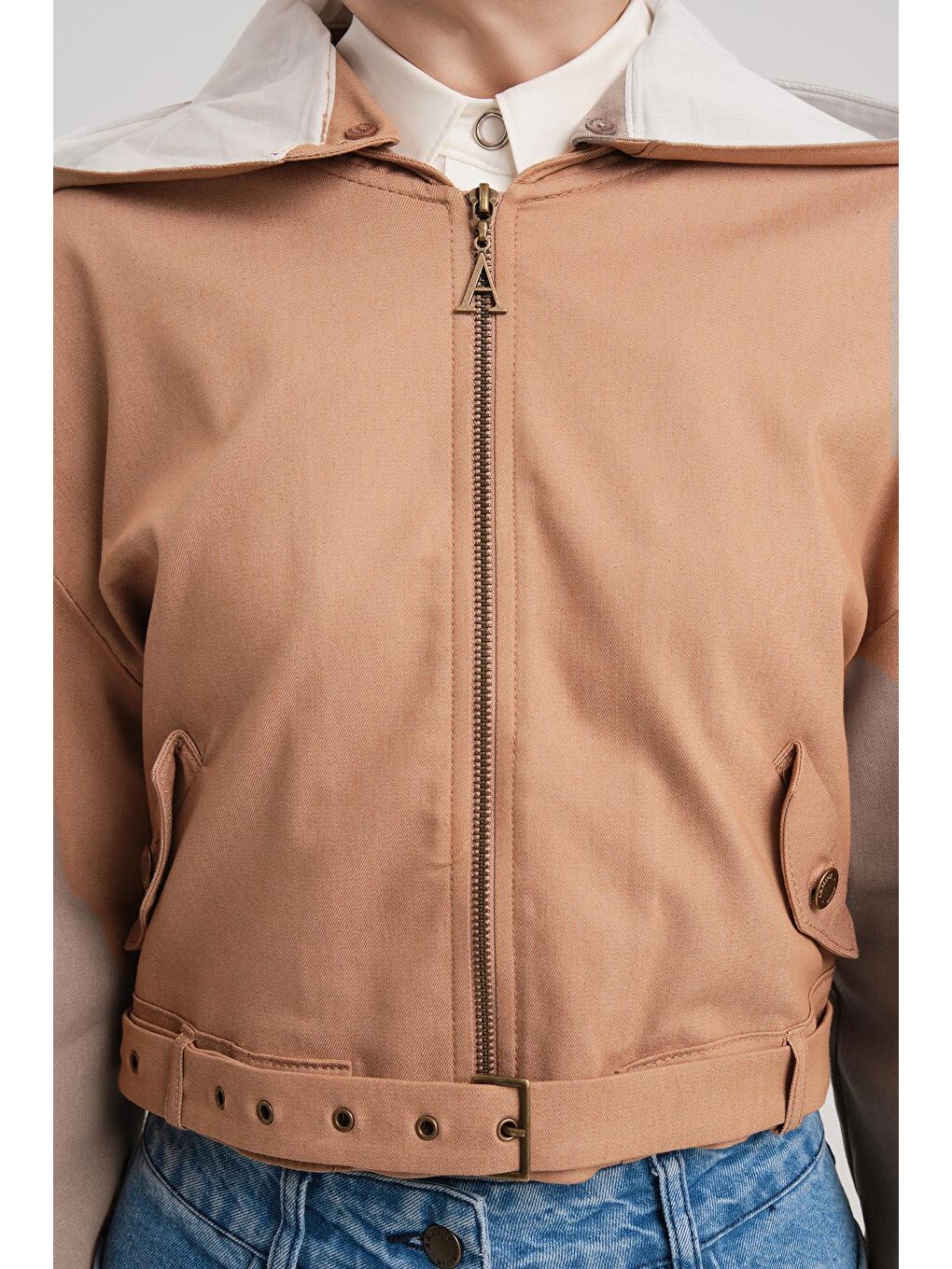 Kahverengi Seyyar Kapüşonlu Ve Kemerli Pamuk Ceket 24Y5406 Camel-4