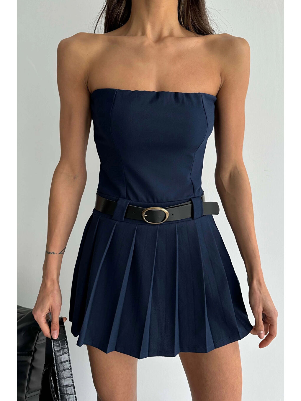 Kadın Lacivert Kemerli Straplez Şortlu Elbise 1026-221462-3
