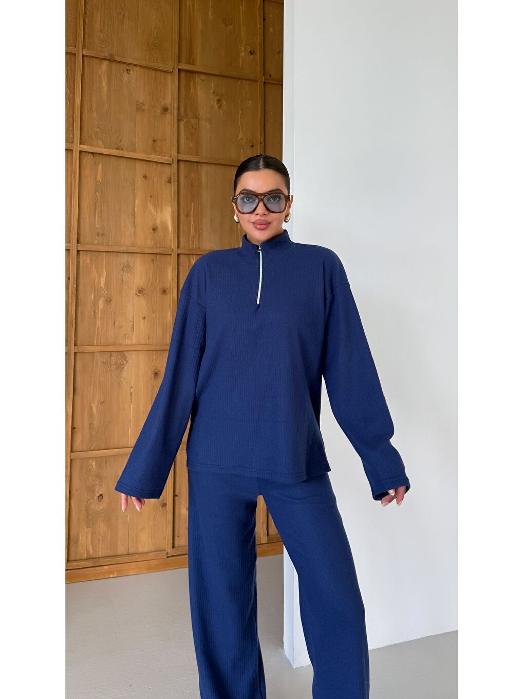 Kadın Lacivert Yarım Fermuarlı Dik Yaka Kazak Alt-Üst Pantolonlu Takım-5