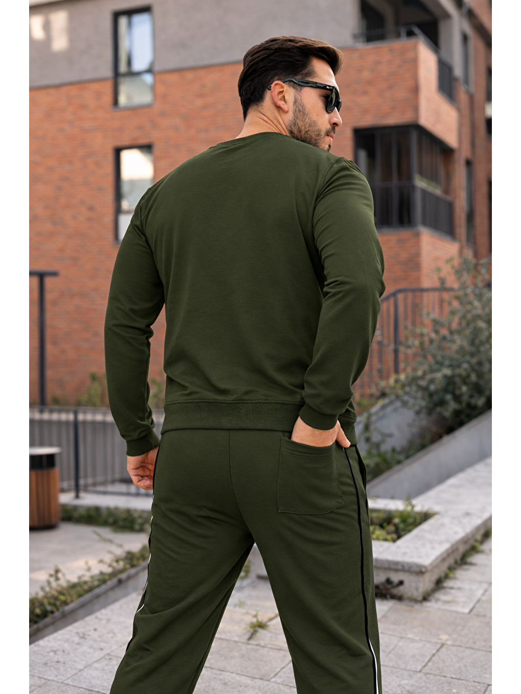 Erkek Çizgili Bisiklet Yaka Dar Haki Eşofman Takımı-4