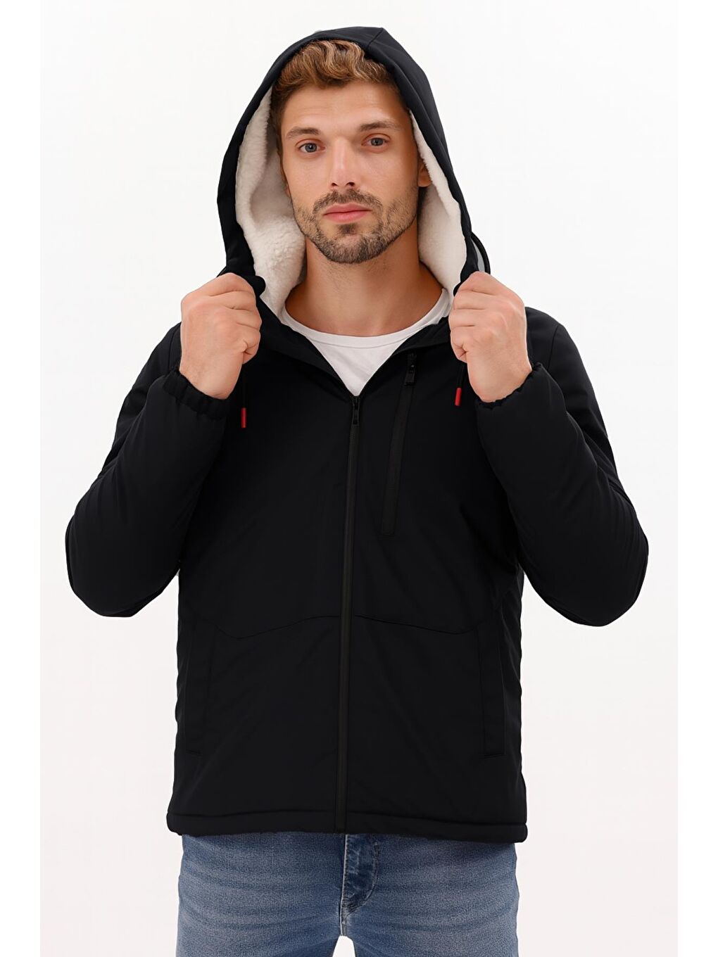Siyah Erkek Kürklü Su Ve Rüzgar Geçirmez Kapüşonlu Kışlık Mont & Kaban & Parka-1
