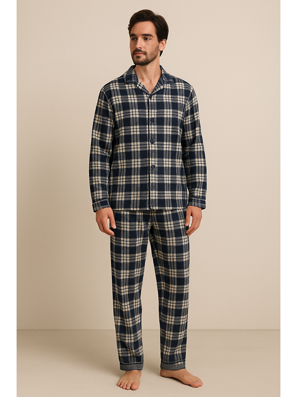 Lacivert Erkek Ekose Desenli Pijama Takımı