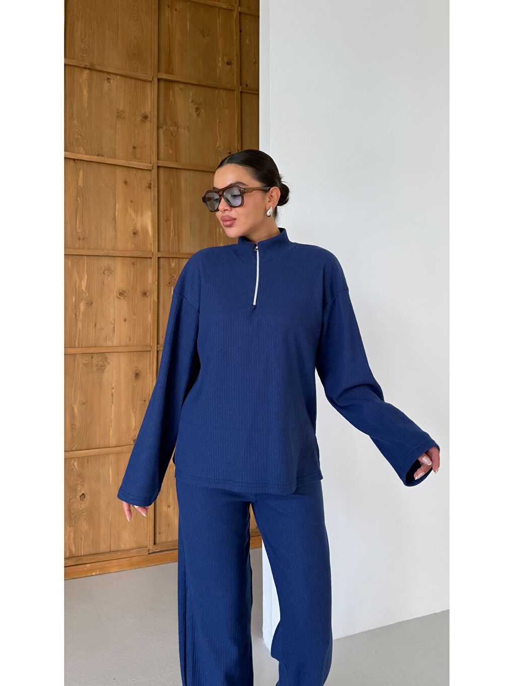 Kadın Lacivert Yarım Fermuarlı Dik Yaka Kazak Alt-Üst Pantolonlu Takım-6