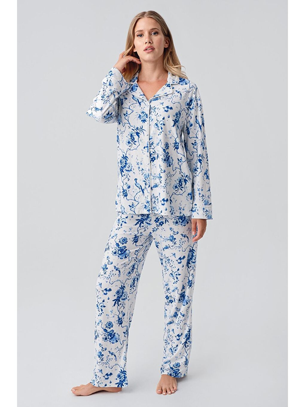 Mavi Termal Uzun Kollu Düğmeli Desenli Esnek Yumuşak Dokulu Pijama Takım 18222