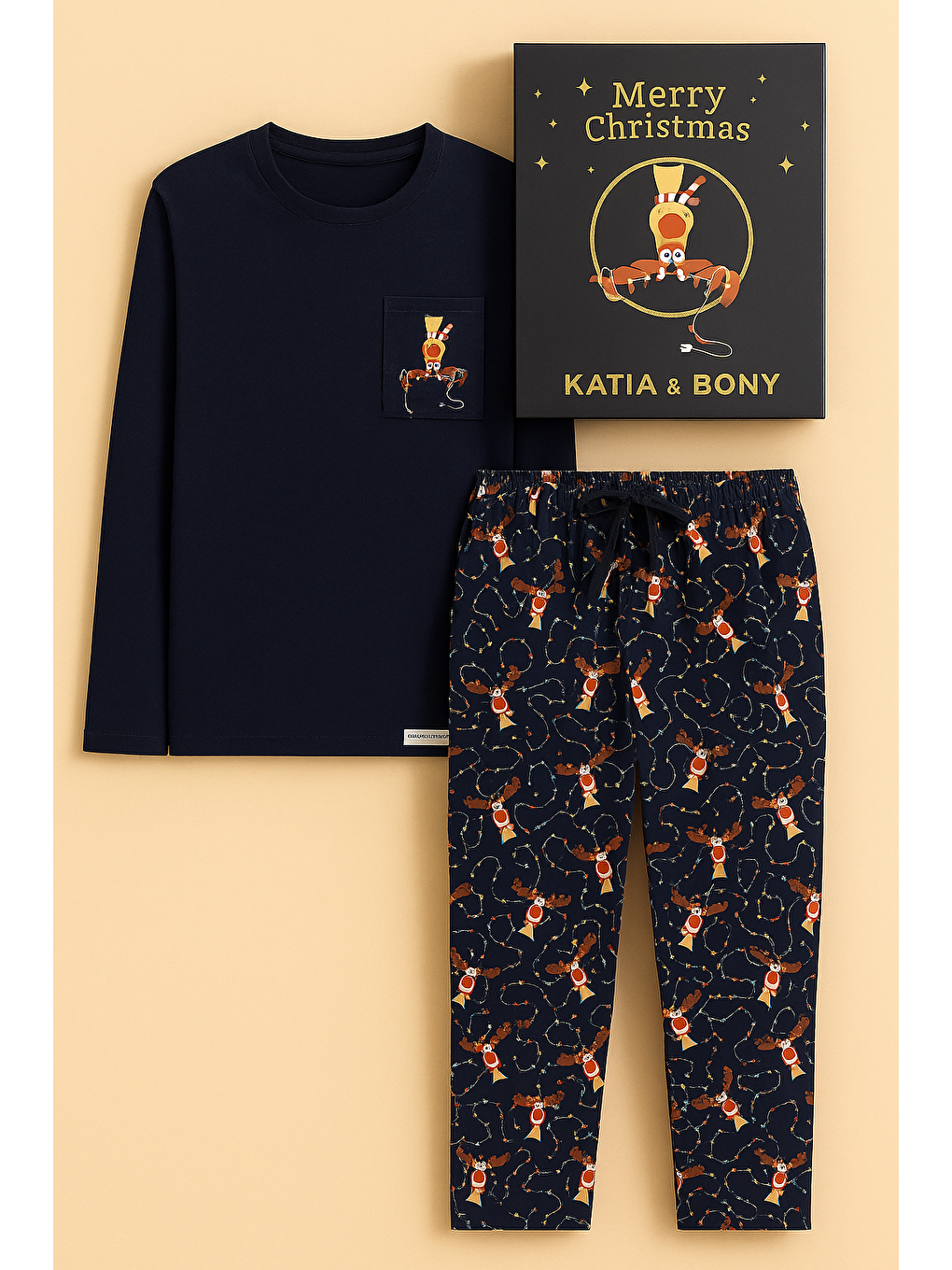 Erkek Geyik Desenli Kutulu Yılbaşı Pijama Takımı Lacivert