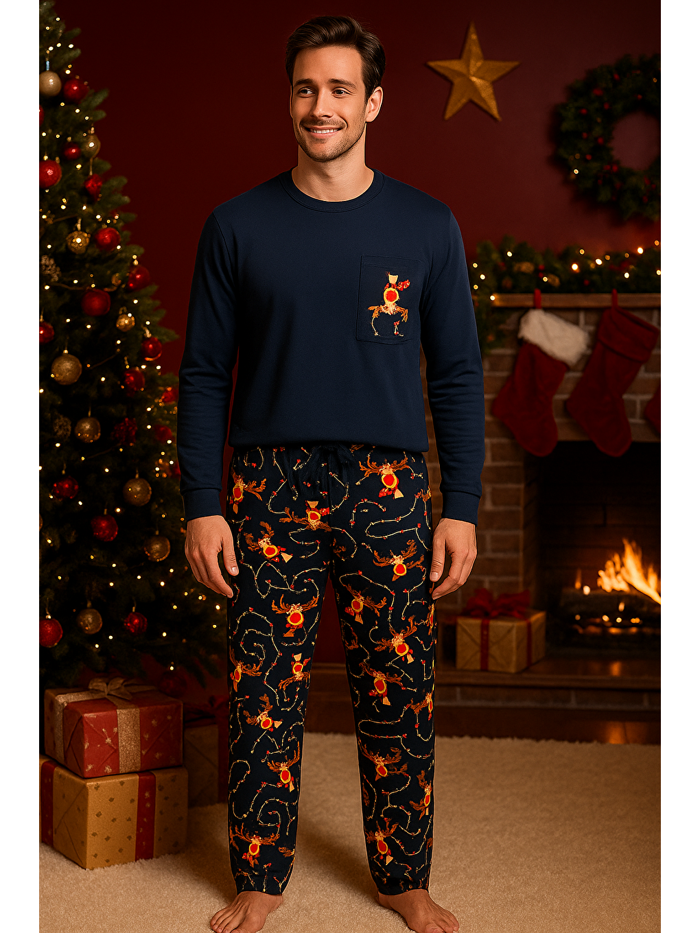 Erkek Geyik Desenli Kutulu Yılbaşı Pijama Takımı Lacivert-1