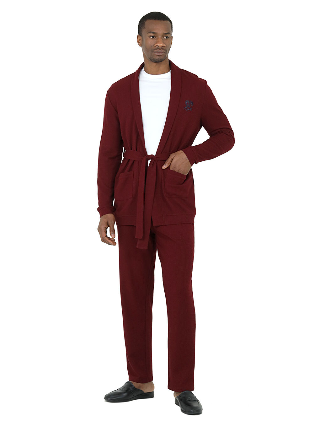 Bordo Waffle 3'lü Rob Pijama Set BORDO