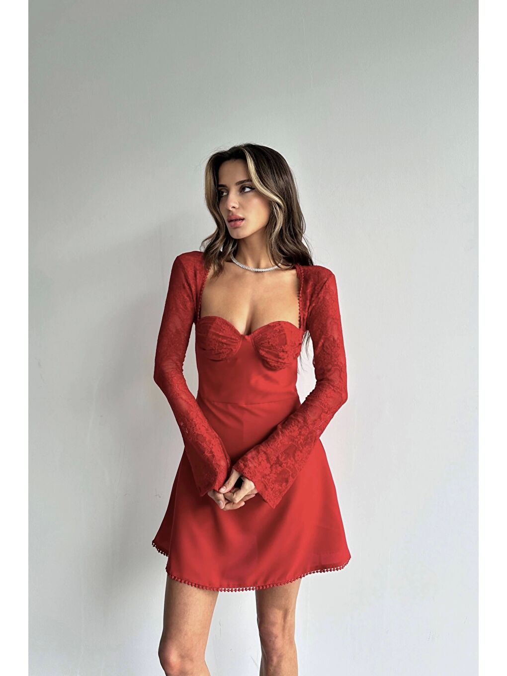 Kadın Kırmızı Dantel Detay Elbise 1026-221477-3