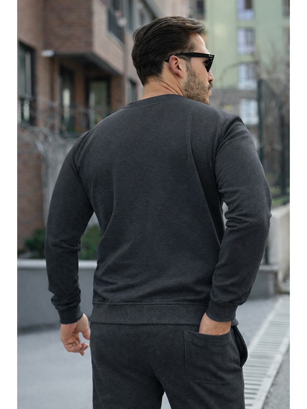 Gri Erkek Pamuklu Bisiklet Yaka Dar Füme Eşofman Takımı-5