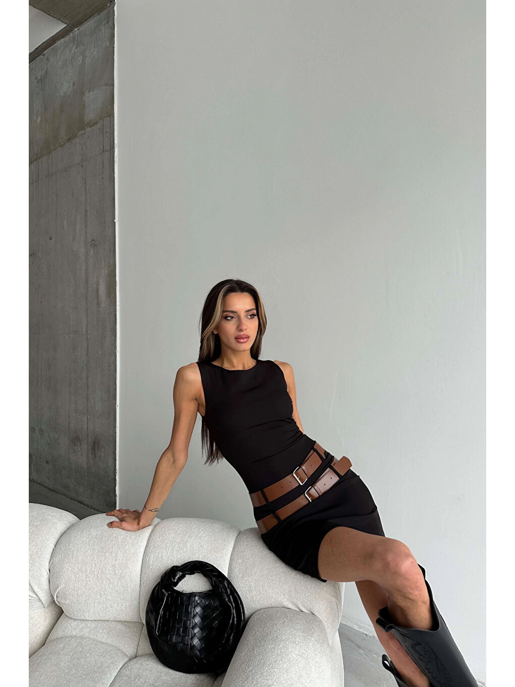 Kadın Siyah Çift Kemerli Elbise 1007-242401-3