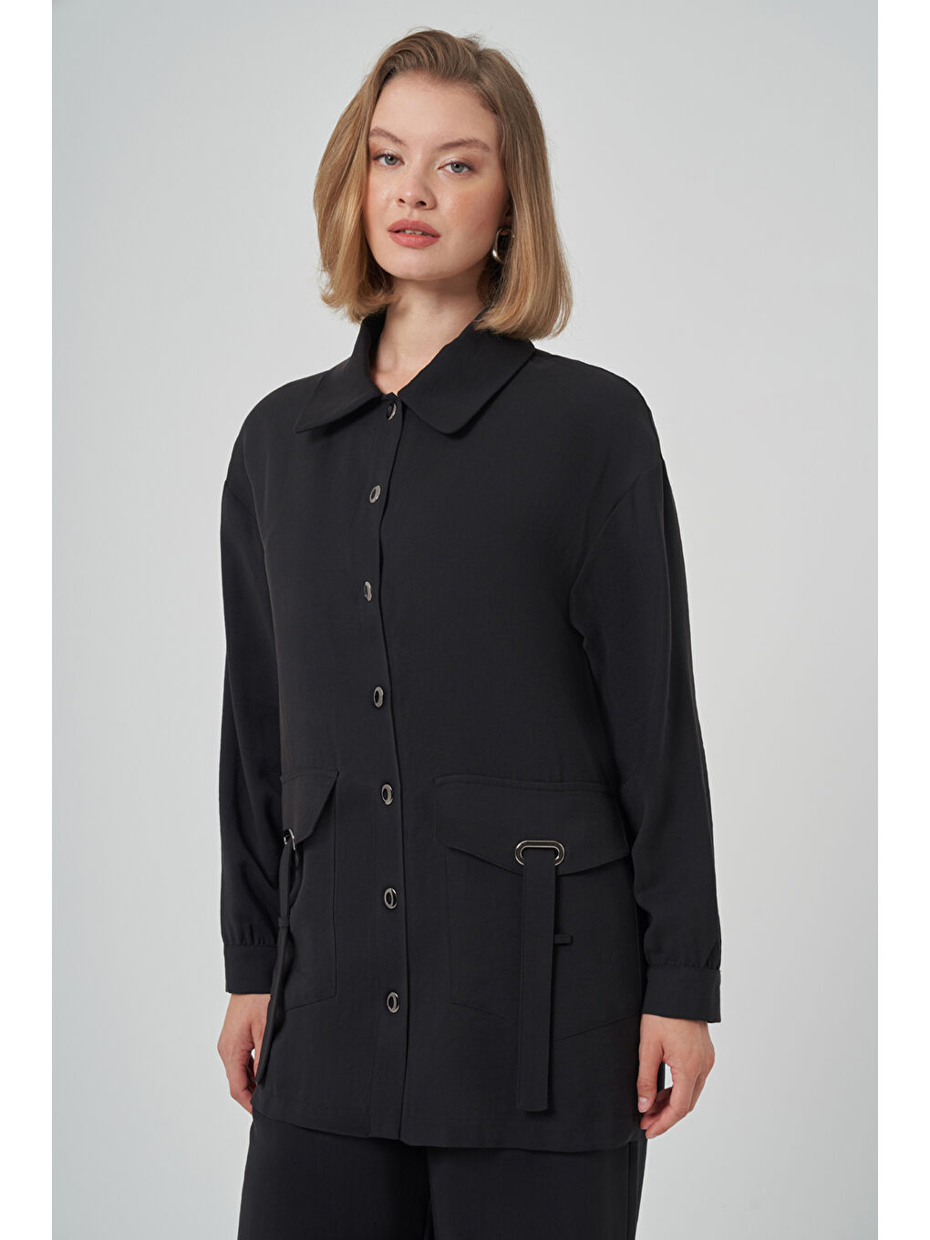 Çıtçıt ve Cep Detay Gömlek Pantolon Takım 1025 Siyah-1