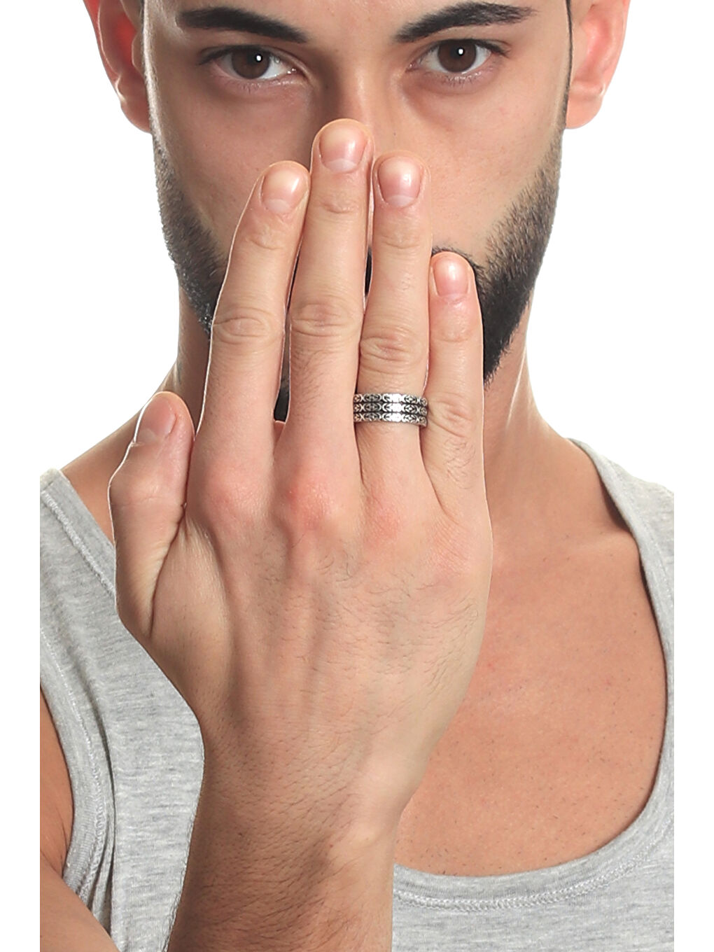 Gri Erkek Antik Gümüş Kaplama 3 Sıra Kral Zinciri Yüzük-2