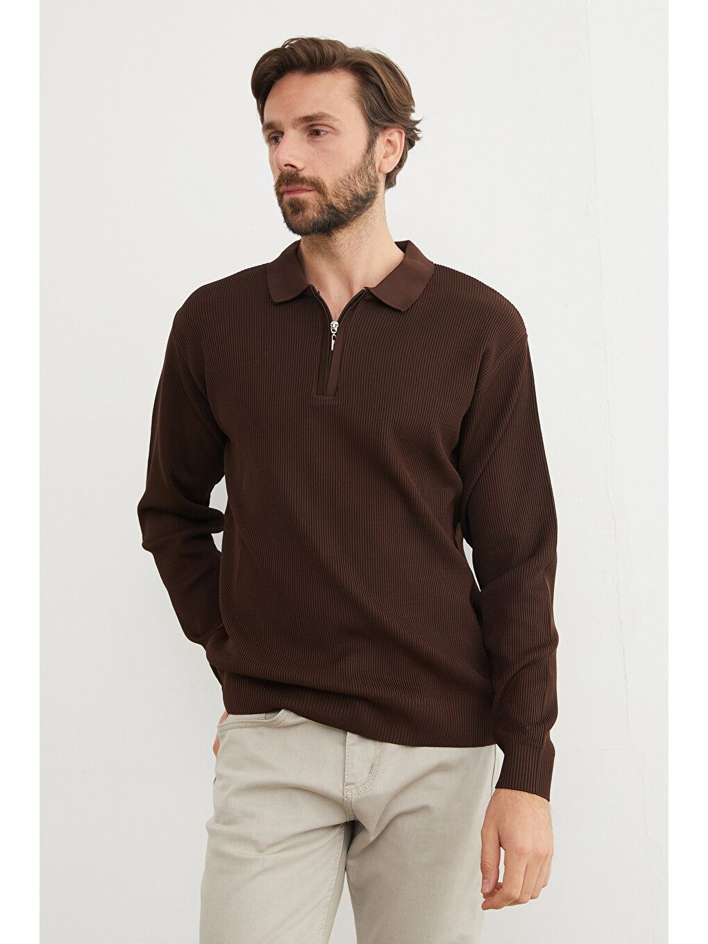 Kahverengi Fitilli Yarım Fermuarlı Triko Kazak-1