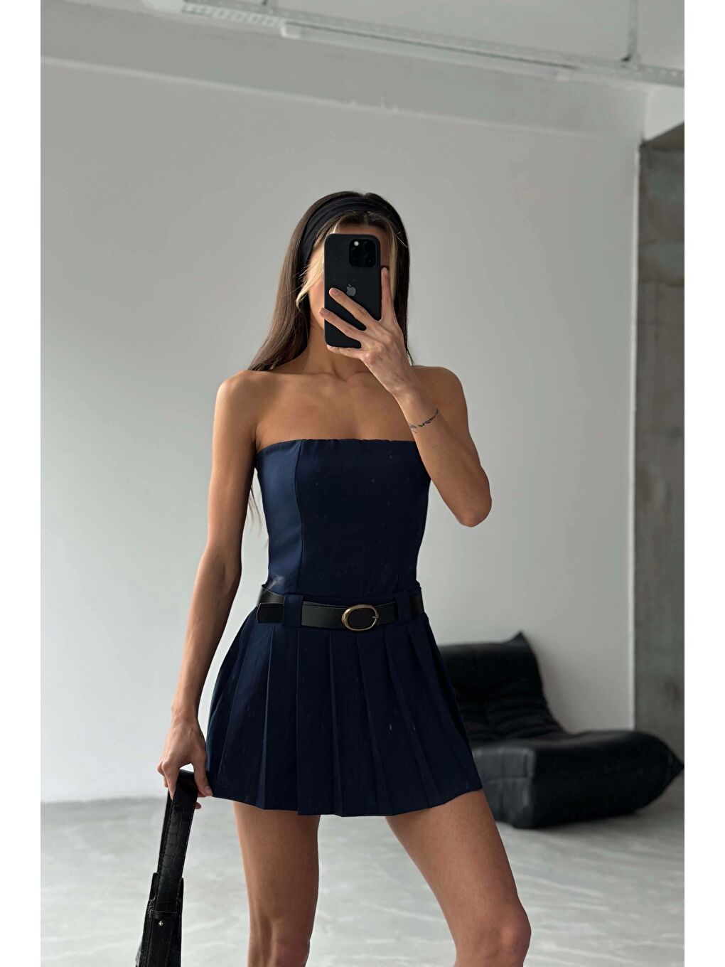 Kadın Lacivert Kemerli Straplez Şortlu Elbise 1026-221462-4