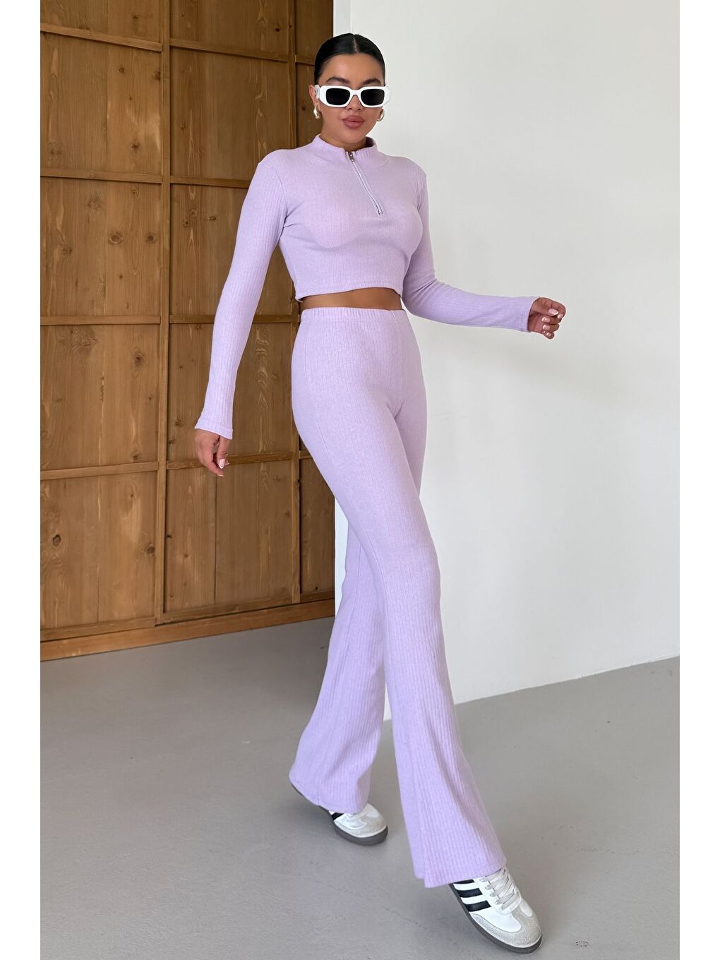 Mor Kadın Eflatun Yarım Fermuarlı Crop Alt-Üst Pantolonlu Takım-1