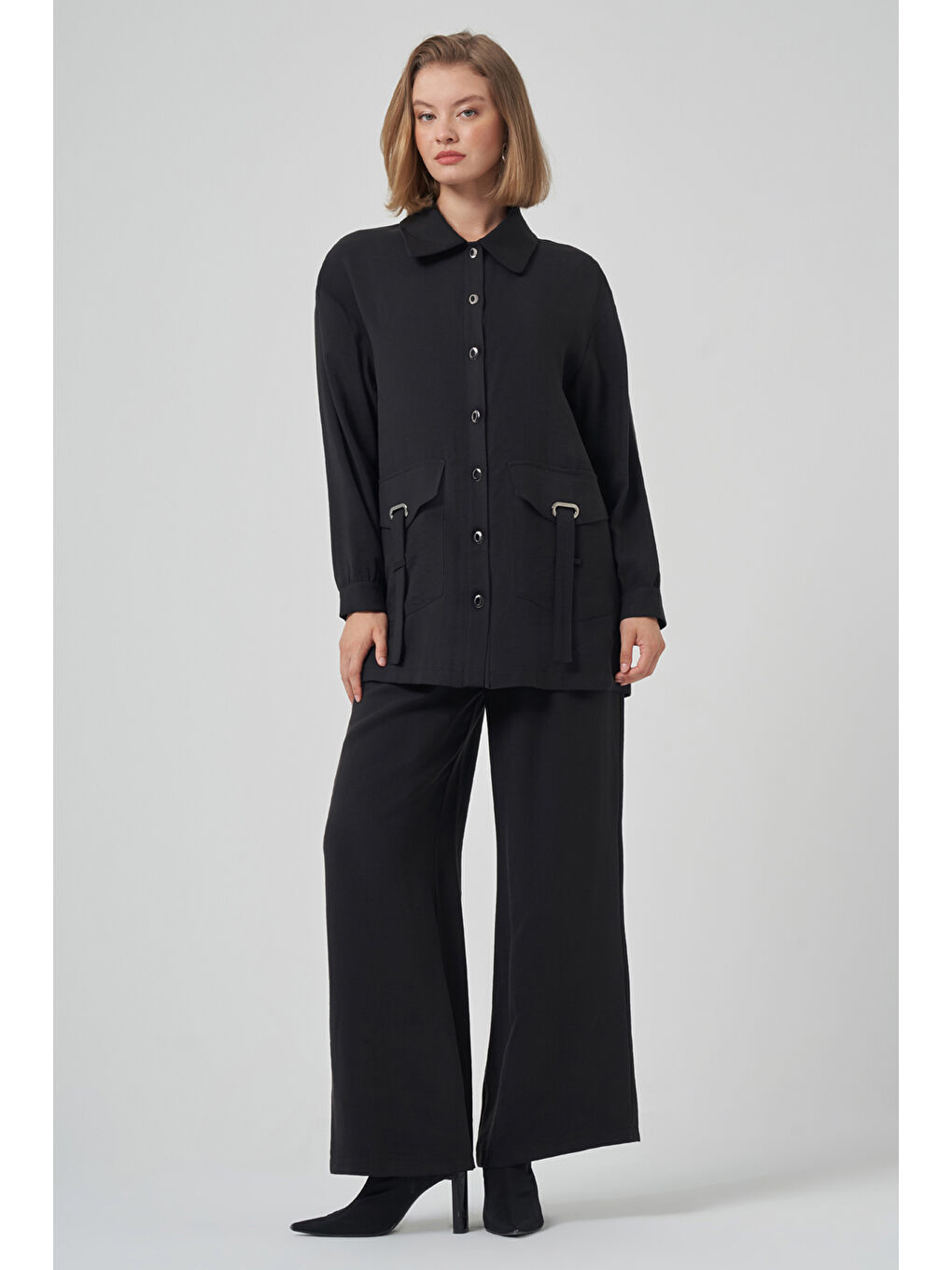 Çıtçıt ve Cep Detay Gömlek Pantolon Takım 1025 Siyah-2