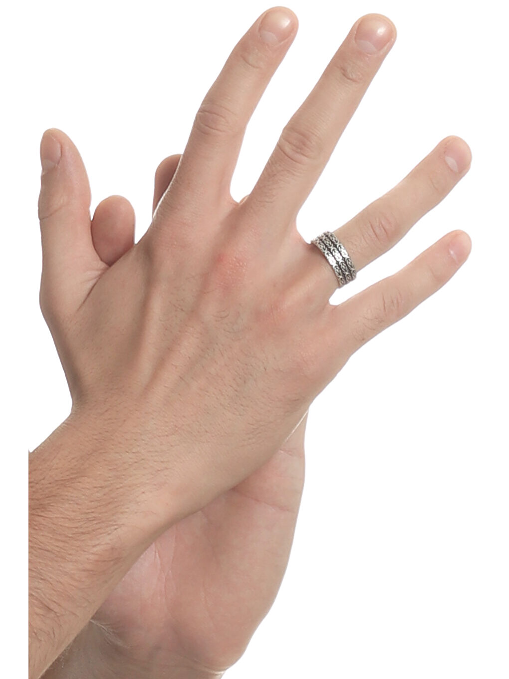 Gri Erkek Antik Gümüş Kaplama 3 Sıra Kral Zinciri Yüzük-3