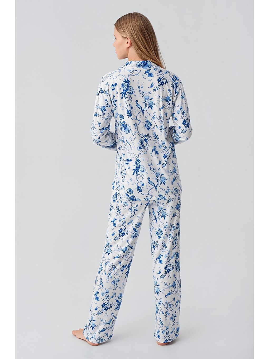 Mavi Termal Uzun Kollu Düğmeli Desenli Esnek Yumuşak Dokulu Pijama Takım 18222-4