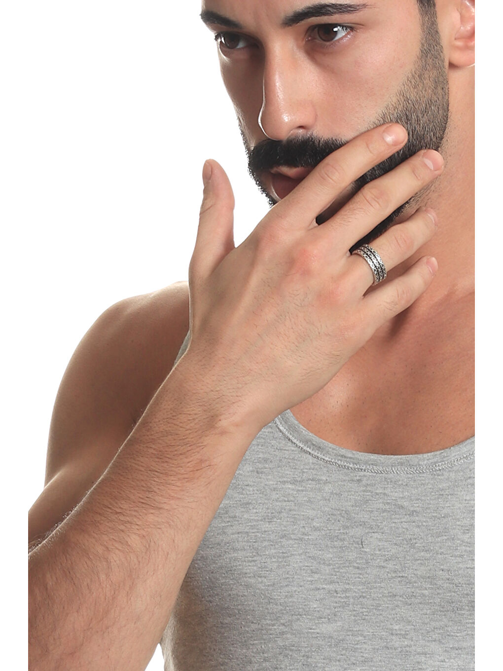 Gri Erkek Antik Gümüş Kaplama 3 Sıra Kral Zinciri Yüzük-4