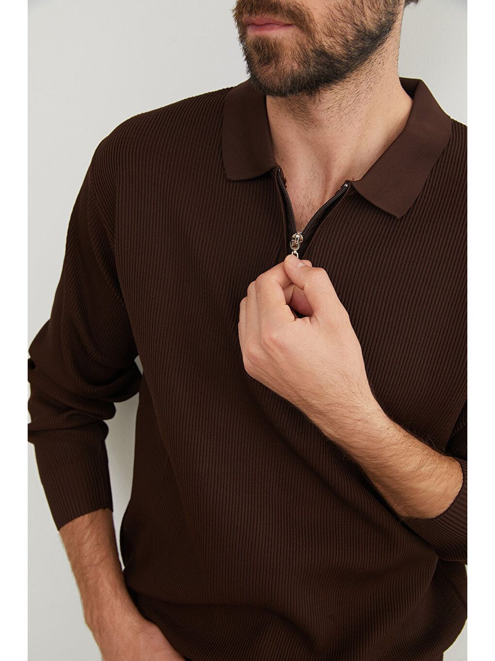 Kahverengi Fitilli Yarım Fermuarlı Triko Kazak-2