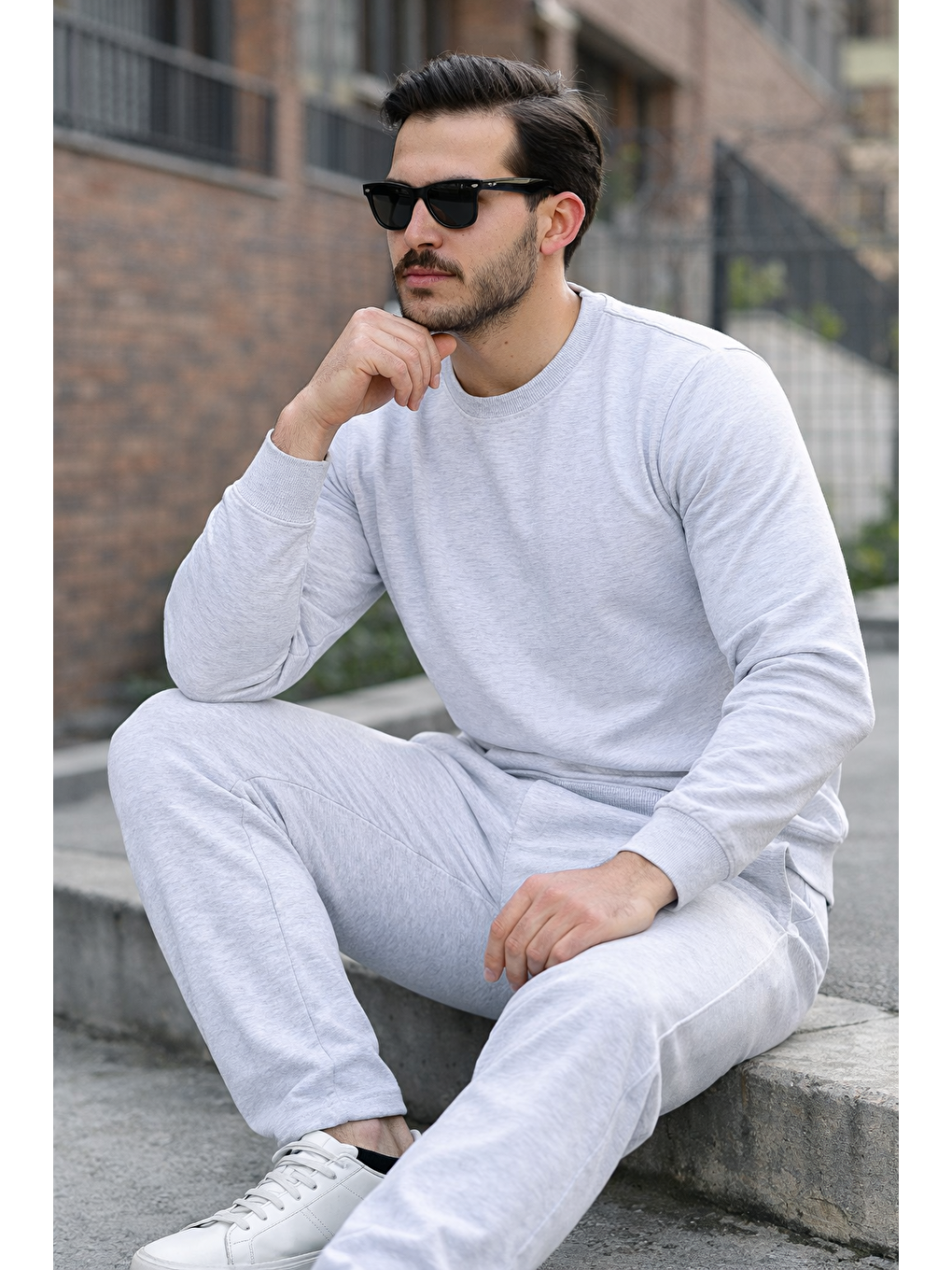 Erkek Pamuklu Bisiklet Yaka Dar A.Gri Eşofman Takımı-1