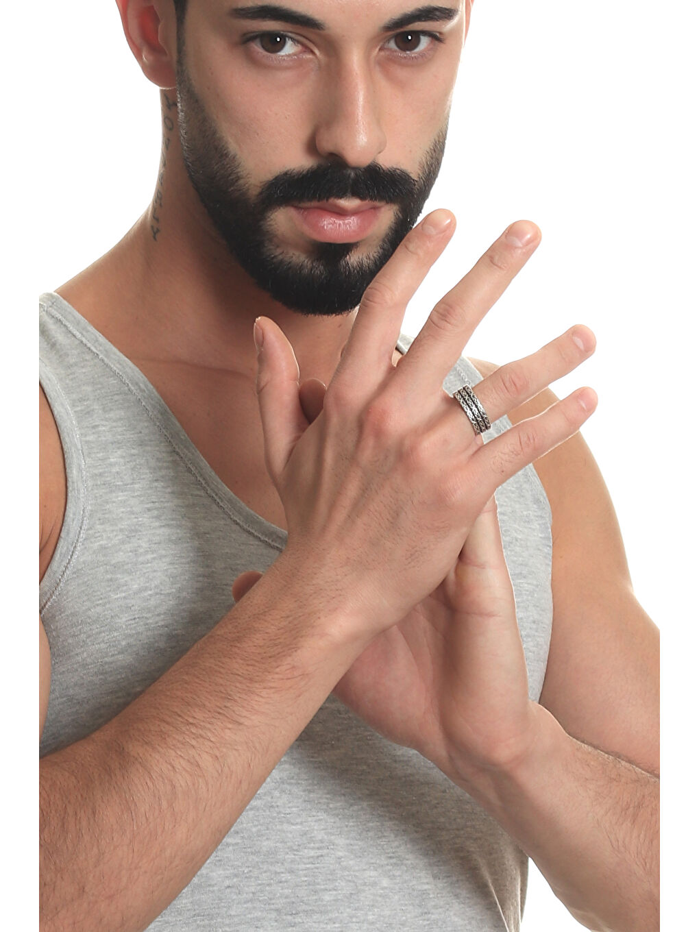 Gri Erkek Antik Gümüş Kaplama 3 Sıra Kral Zinciri Yüzük-5