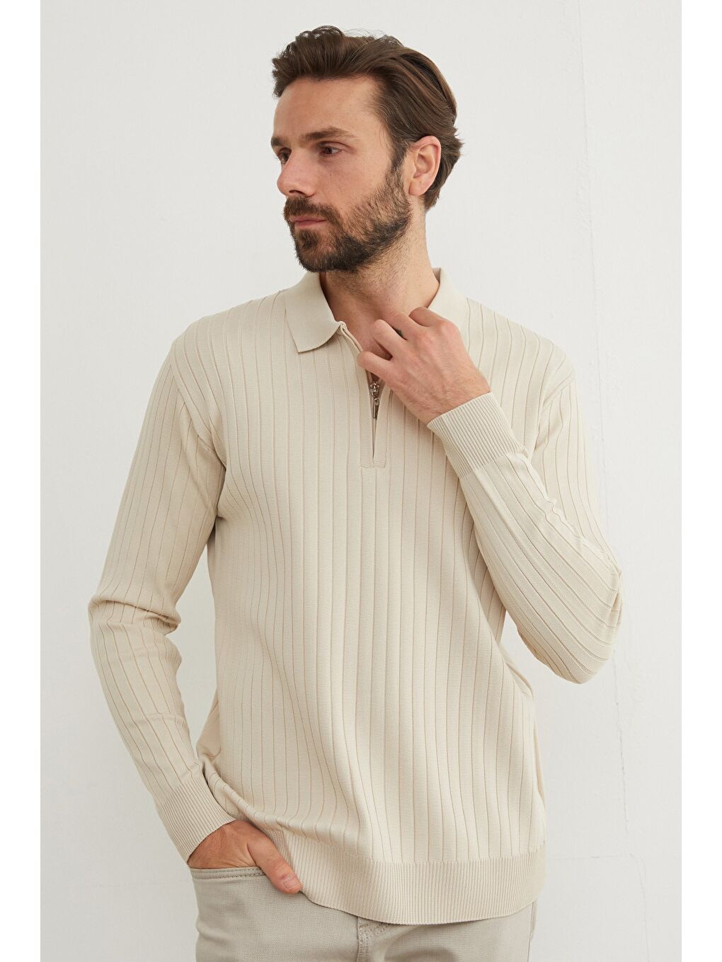 Bej Fitilli Yarım Fermuarlı Polo Yaka Triko Kazak