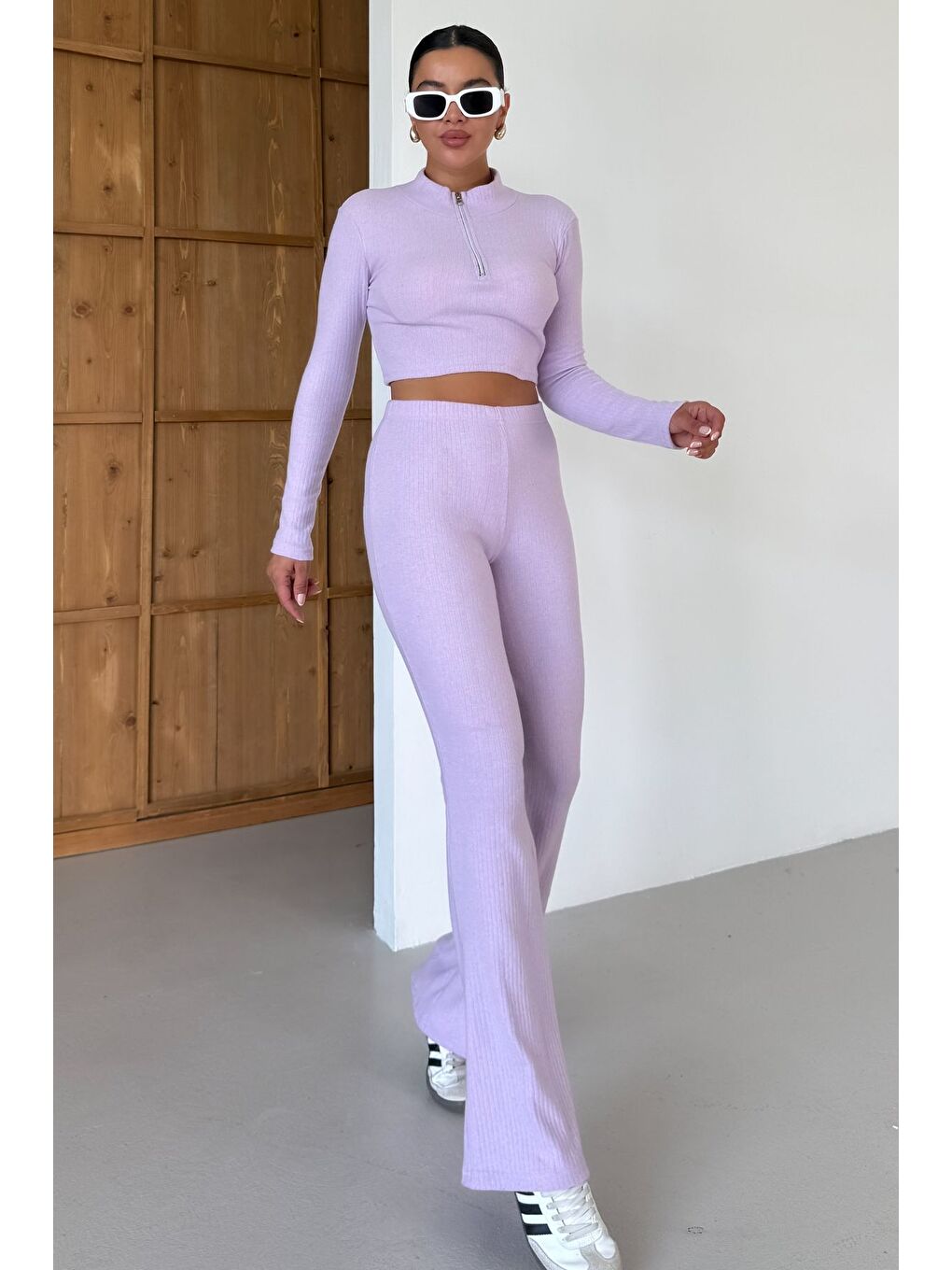 Mor Kadın Eflatun Yarım Fermuarlı Crop Alt-Üst Pantolonlu Takım-2