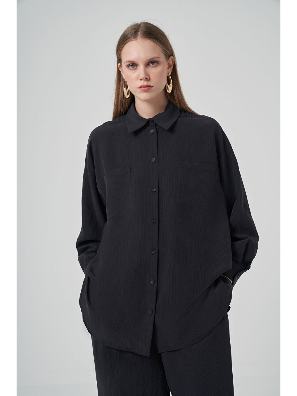 Gömlek Bol Paça Pantolon Takım 1021 Siyah-1