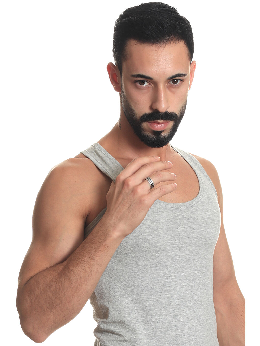 Gri Erkek Antik Gümüş Kaplama 3 Sıra Kral Zinciri Yüzük-7