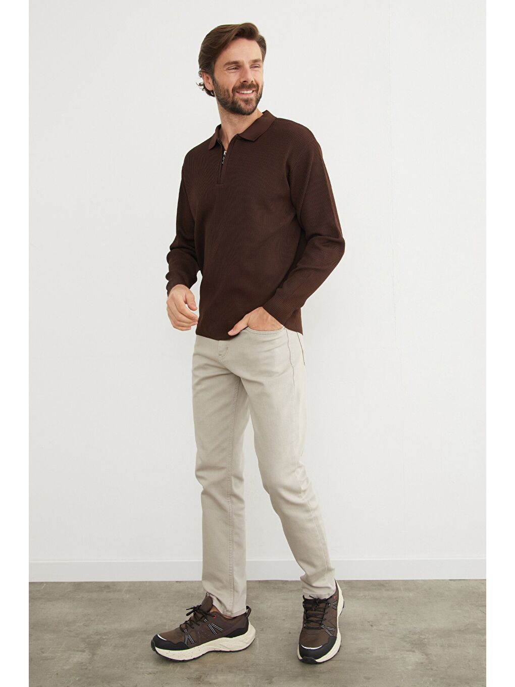 Kahverengi Fitilli Yarım Fermuarlı Triko Kazak-3