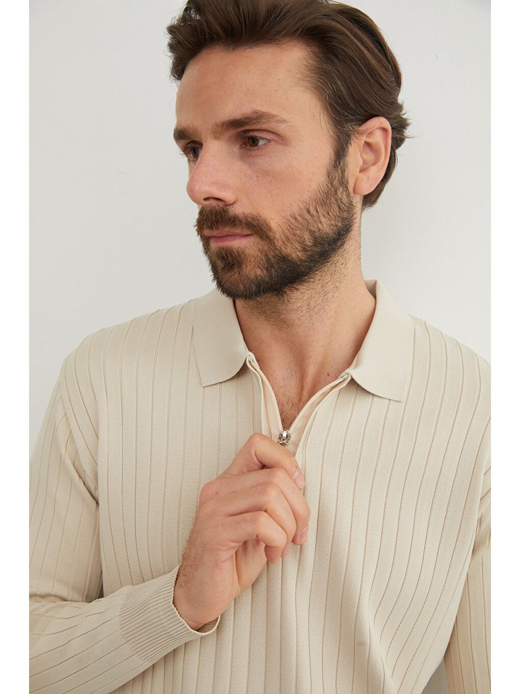 Bej Fitilli Yarım Fermuarlı Polo Yaka Triko Kazak-1