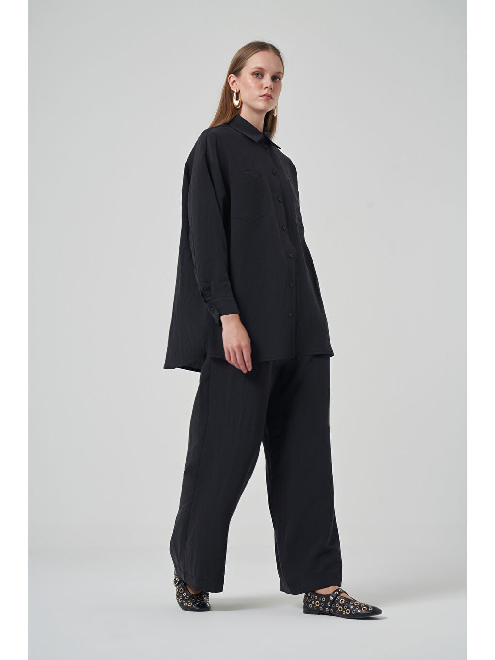 Gömlek Bol Paça Pantolon Takım 1021 Siyah-2