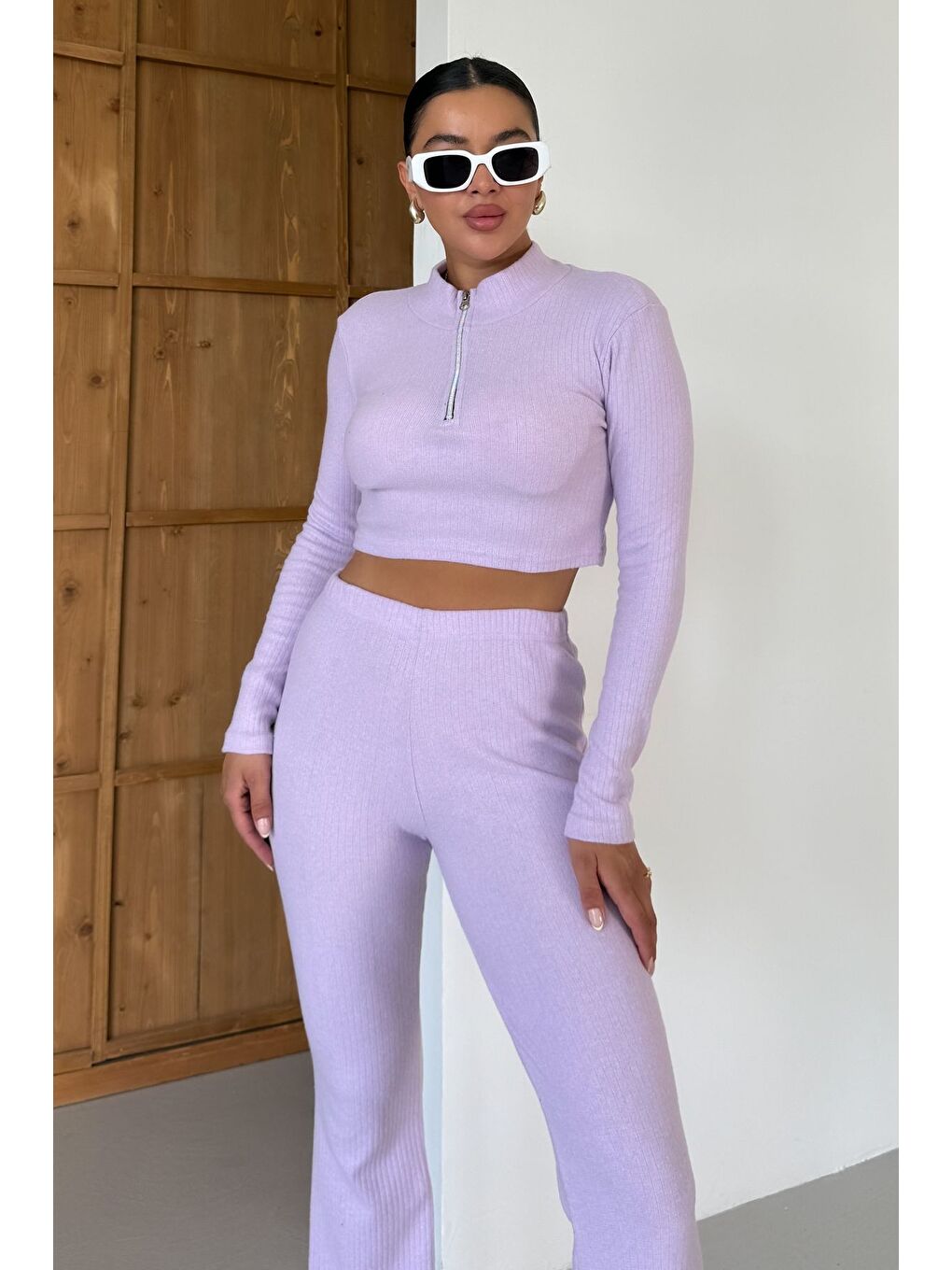 Mor Kadın Eflatun Yarım Fermuarlı Crop Alt-Üst Pantolonlu Takım-3