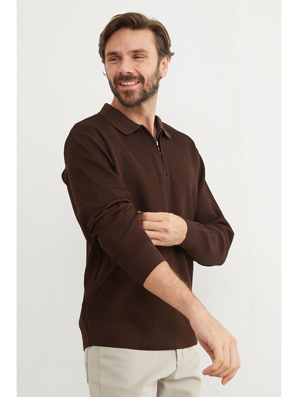 Kahverengi Fitilli Yarım Fermuarlı Triko Kazak-4