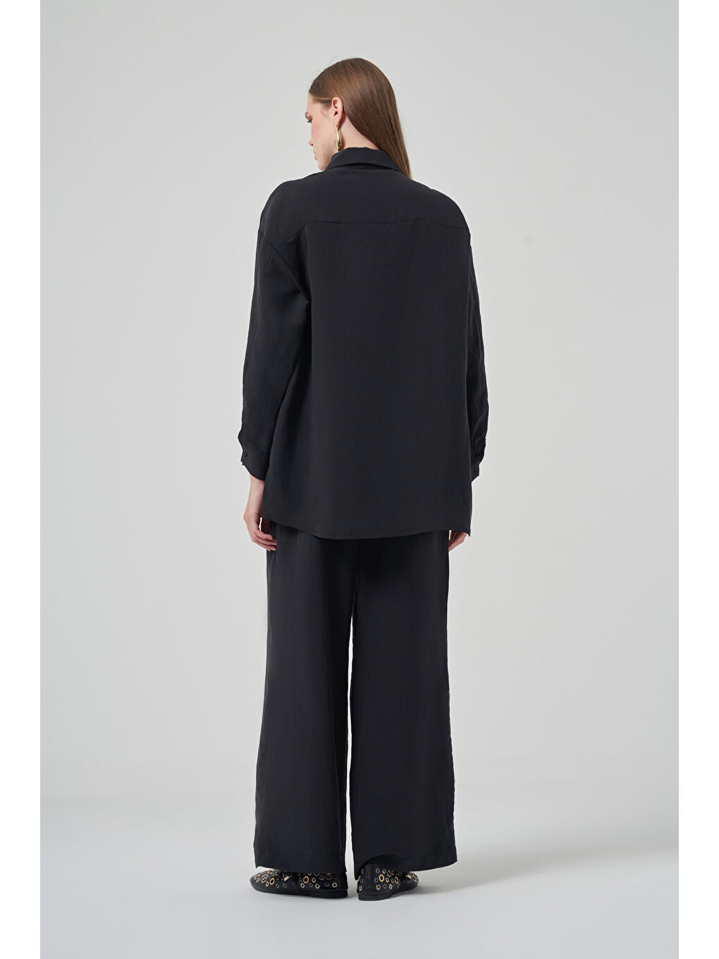 Gömlek Bol Paça Pantolon Takım 1021 Siyah-3