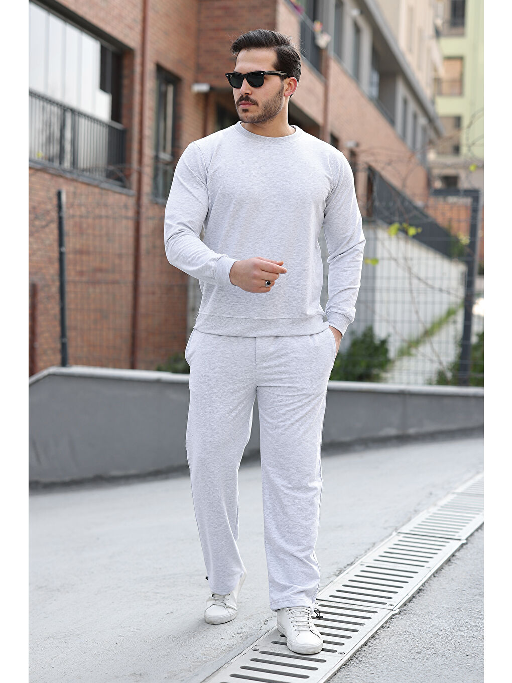 Erkek Pamuklu Bisiklet Yaka Dar A.Gri Eşofman Takımı-2