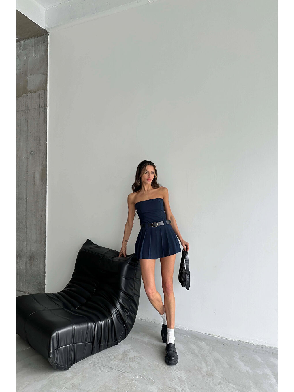 Kadın Lacivert Kemerli Straplez Şortlu Elbise 1026-221462-5