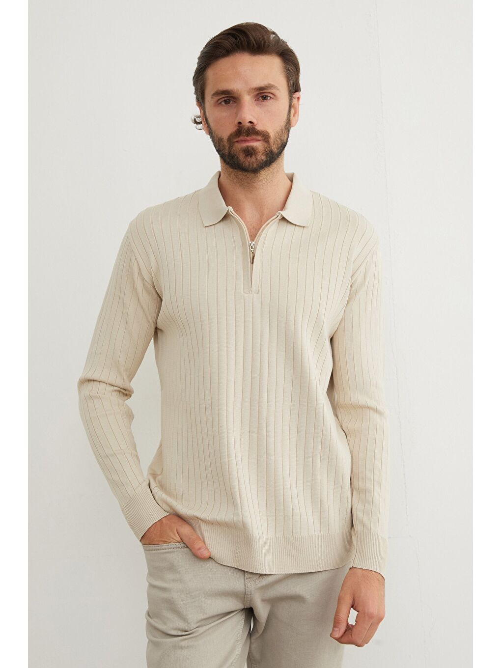 Bej Fitilli Yarım Fermuarlı Polo Yaka Triko Kazak-2