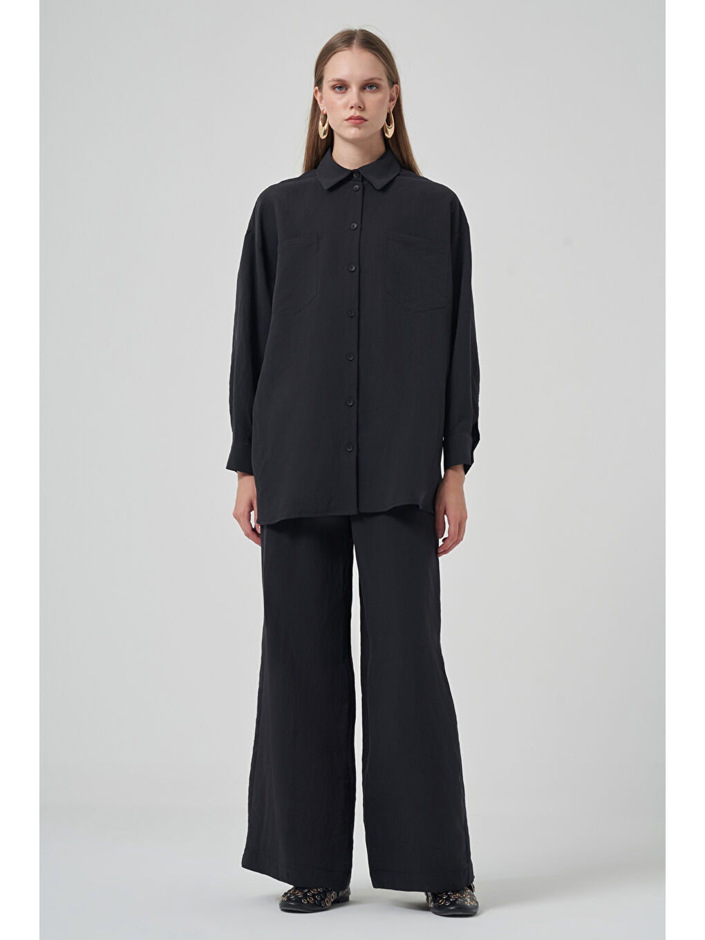 Gömlek Bol Paça Pantolon Takım 1021 Siyah-4